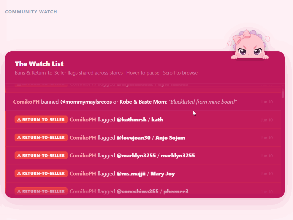 Community Watch feed — shared blacklist and Return-to-Seller flags