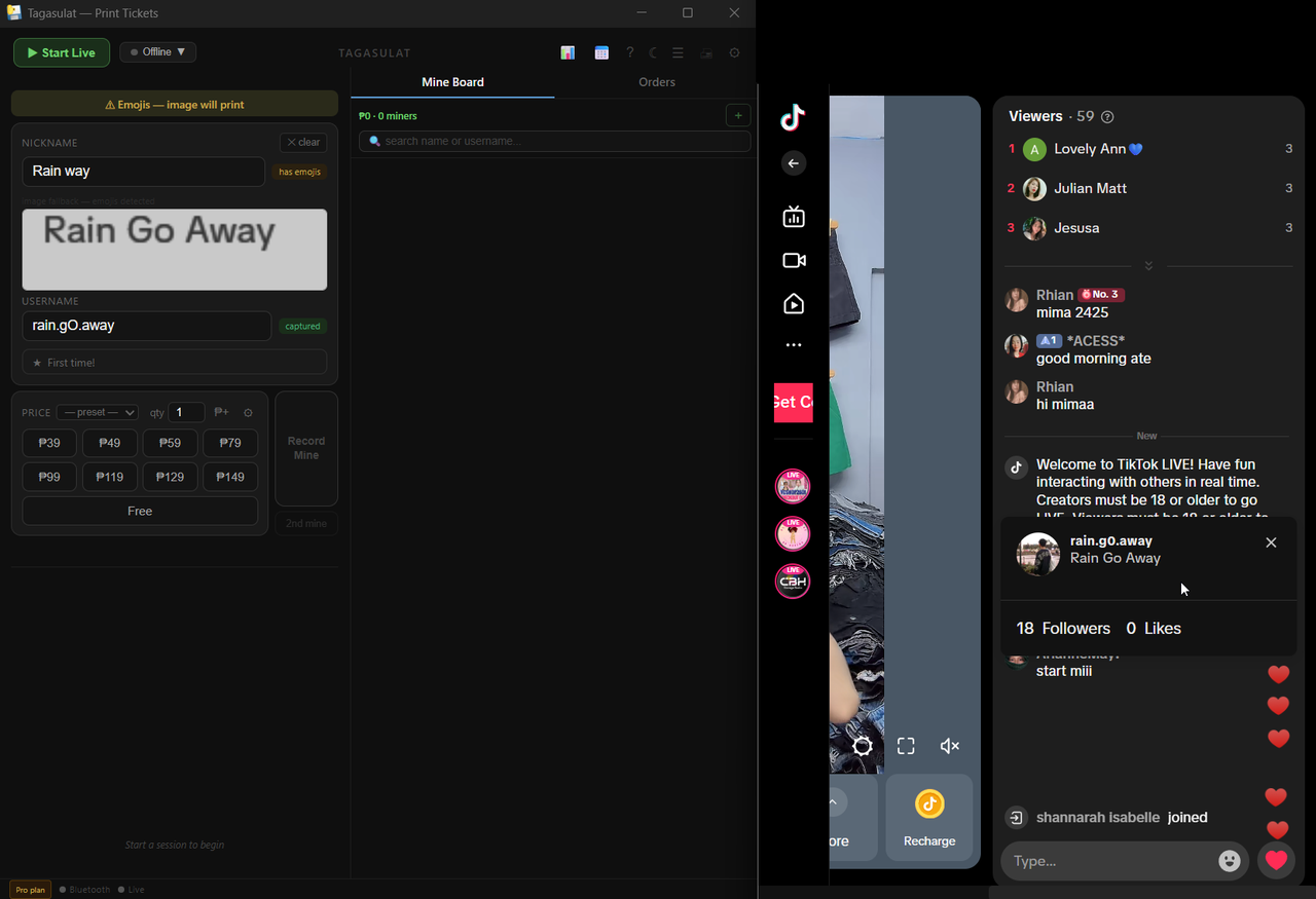 Tagasulat OCR capture — profile card selected in TikTok live, username and nickname filled into the mine form