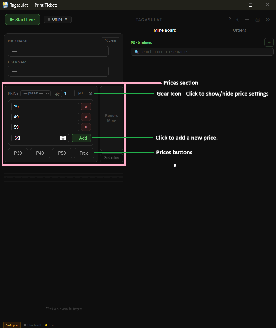 Price setup panel in Settings