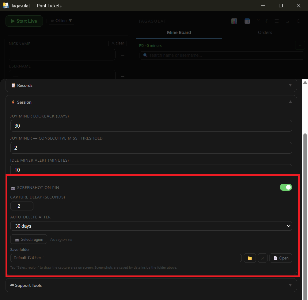 Screenshot on Pin toggle in Settings