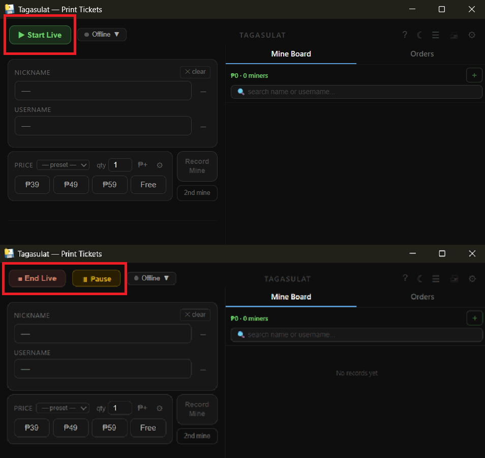 Start Live button, and End Live / Pause buttons after session starts