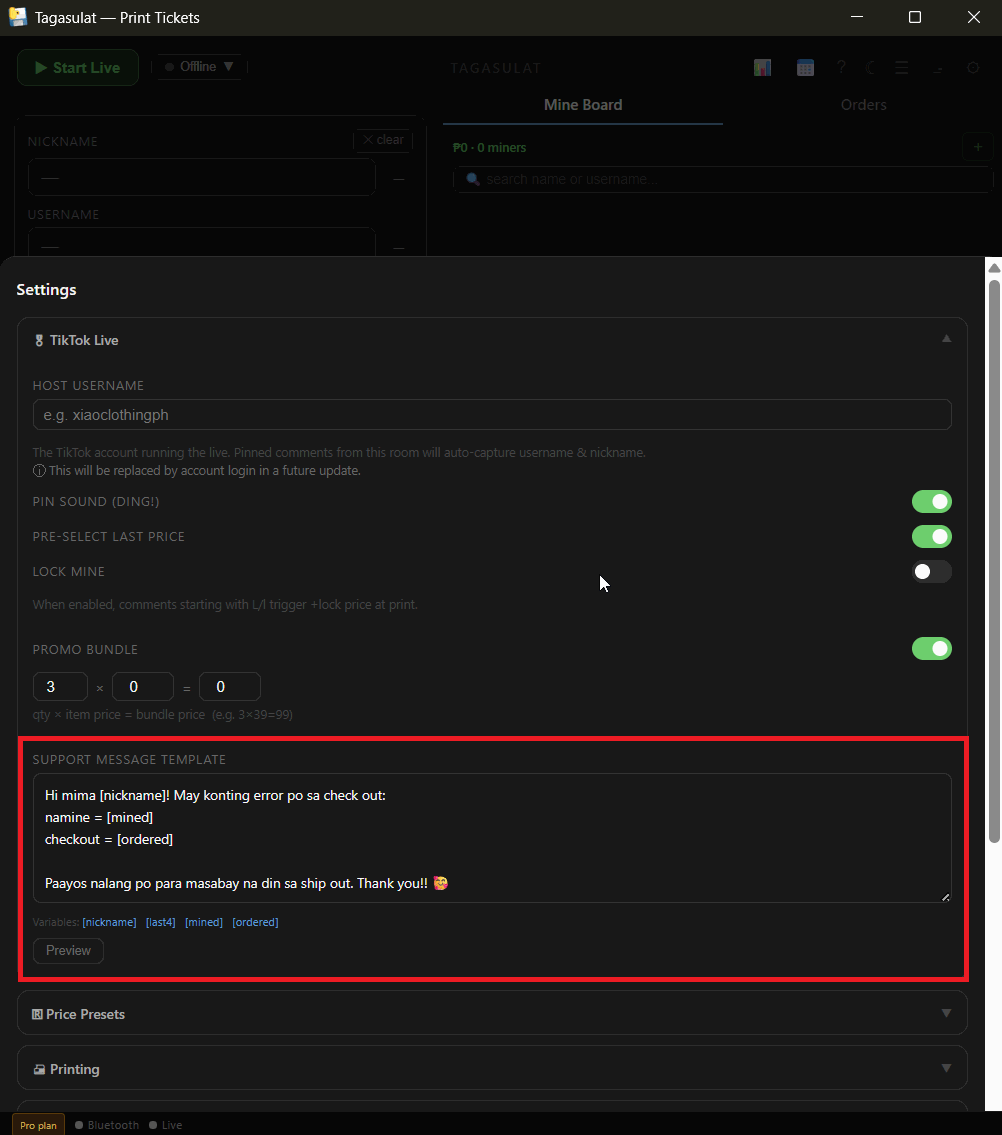 Support message template field in Settings with variable placeholders