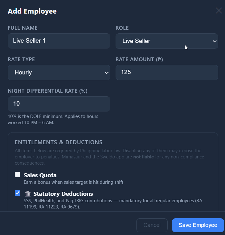 Add Employee form — part 1 of 4