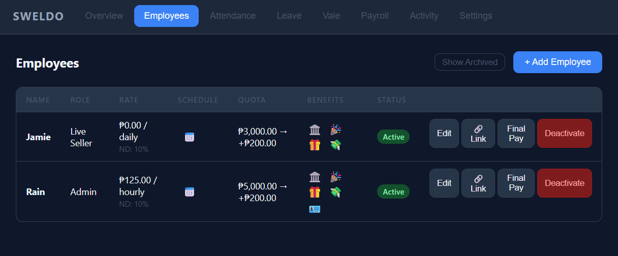 Employees tab with the employee list and + Add Employee button