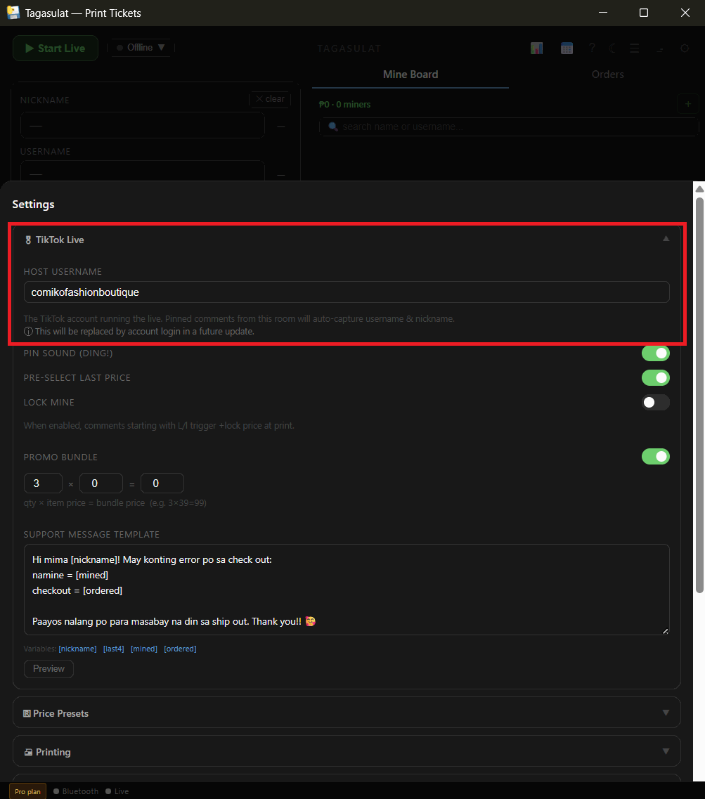 Settings panel showing the TikTok Host Username field